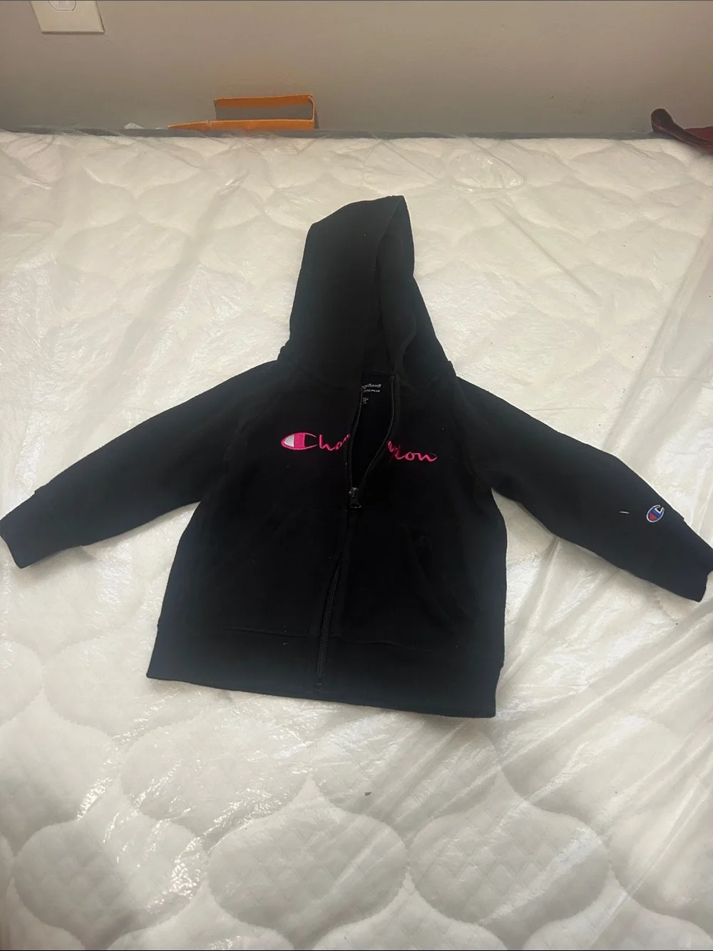 Champion Black Kids Zip Hoodie with Pink Logo